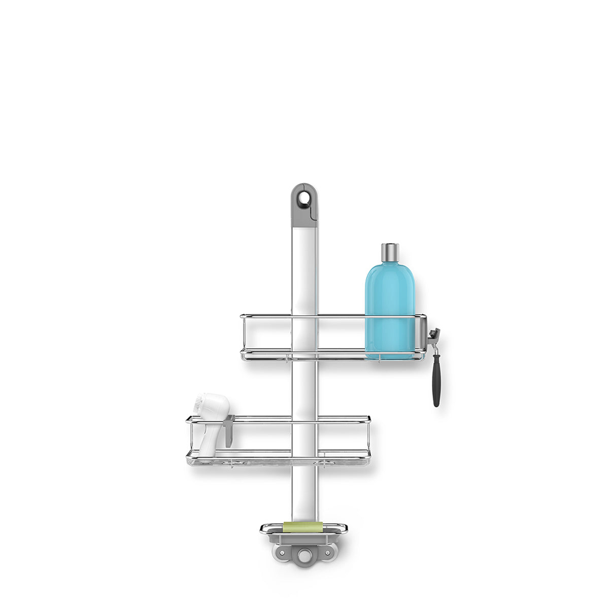 Simplehuman Adjustable Shower Caddy, Polished Stainless Steel, with two movable shelves, soap dish, and razor storage.