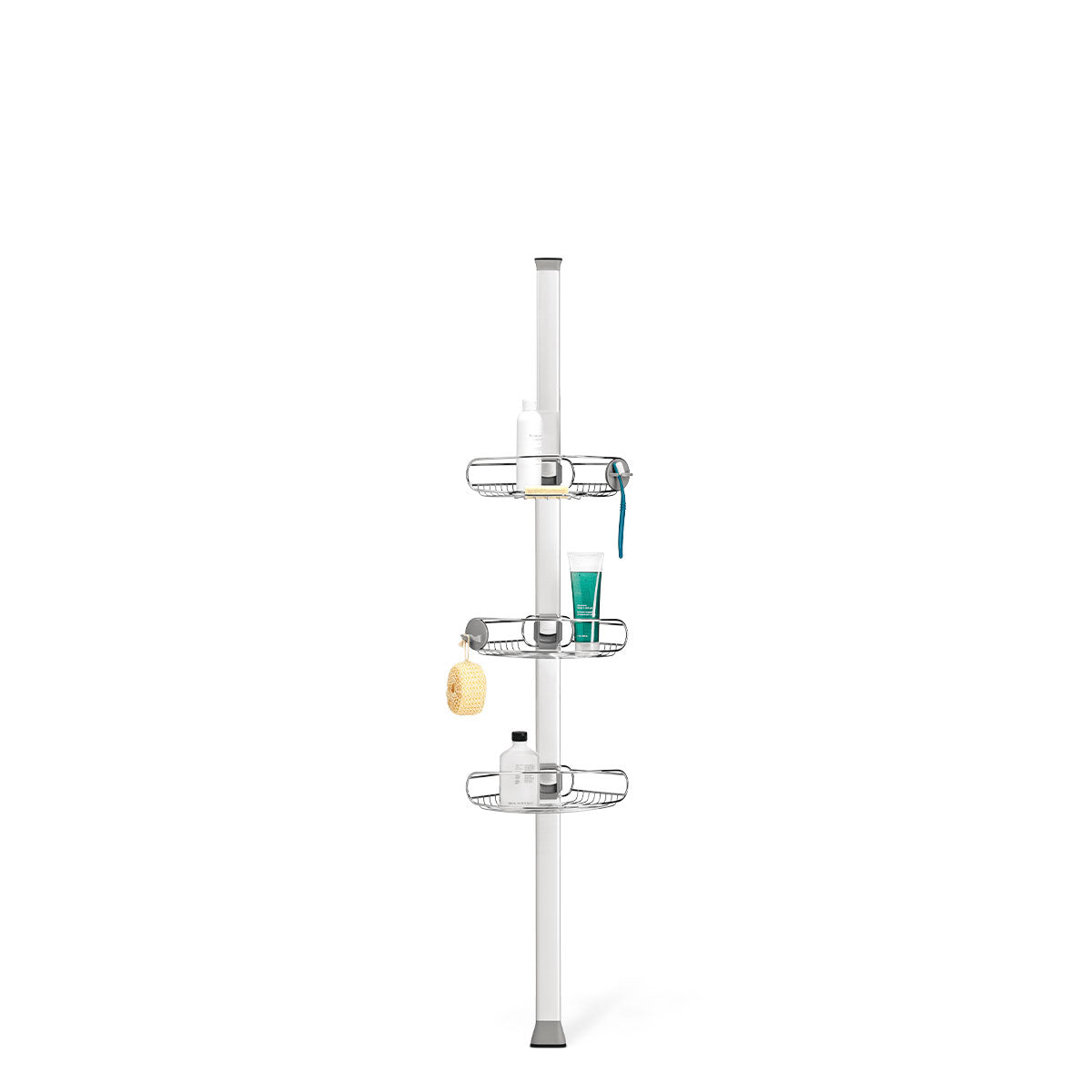 Simplehuman 8 Ft Tension Shower Caddy, polished stainless steel adjustable shelves for maximum storage organization.