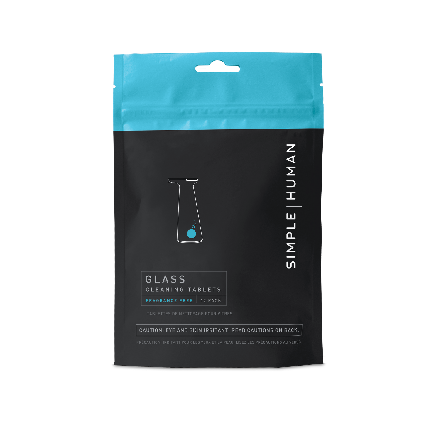 Simplehuman Glass Cleaning Tablets, 12 Pack, Fragrance Free concentrate refills in black pouch.