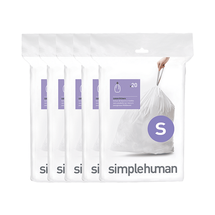 Simplehuman Code S custom fit trash bag 100-pack packaging. Showing 5 packs of 20 white liners.