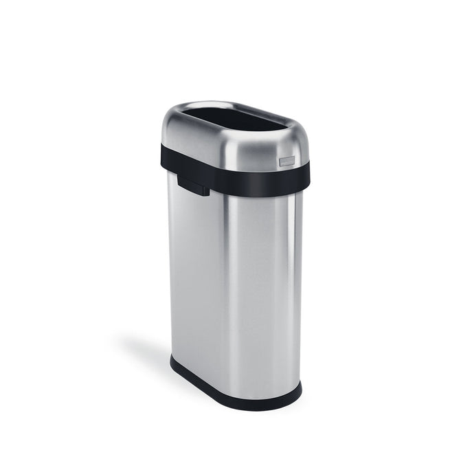 Angled view of Simplehuman 50L Slim Open Can, Brushed Stainless Steel, high-capacity and space-saving.