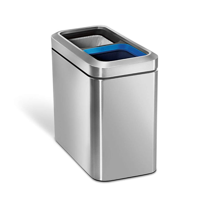 Angled view of Simplehuman Brushed Stainless Steel Slim Open Can, dual compartment recycling bin.