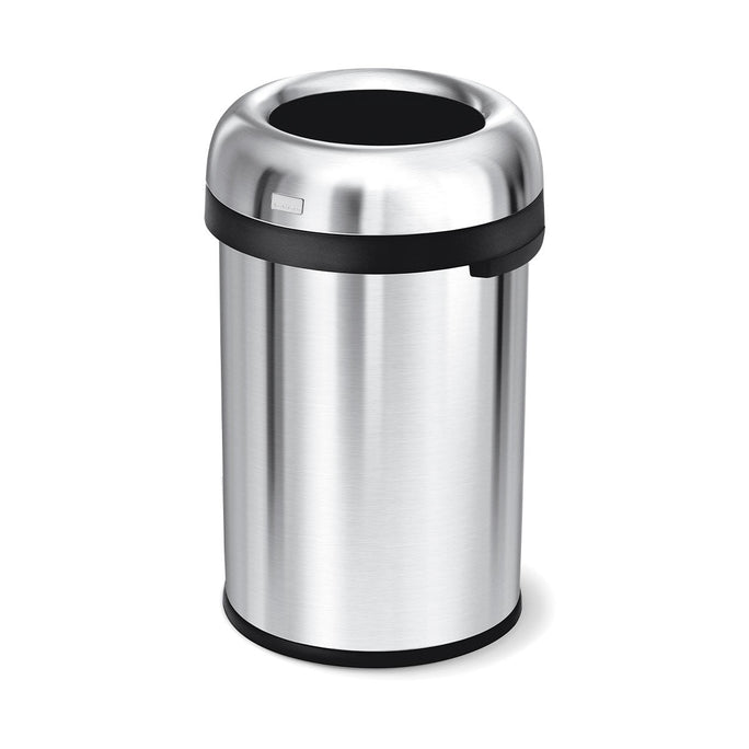 Angled view of Simplehuman Brushed Stainless Steel Bullet Open Can, open top for hands-free disposal.