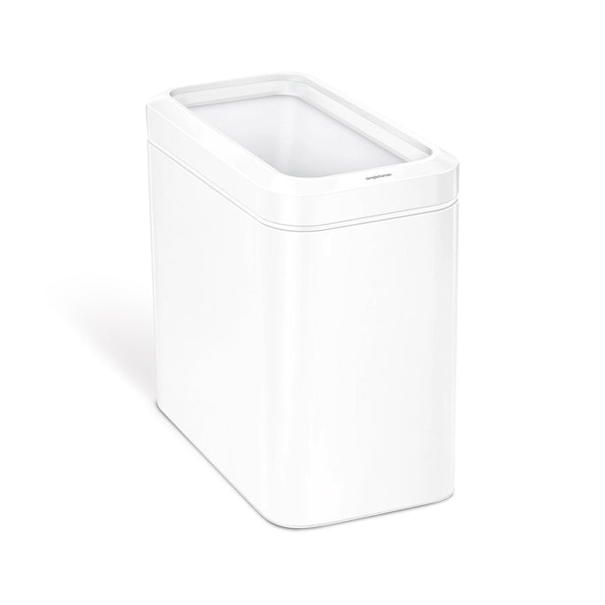 Angled view of Simplehuman 25L Slim Open Can in White, space-saving design.
