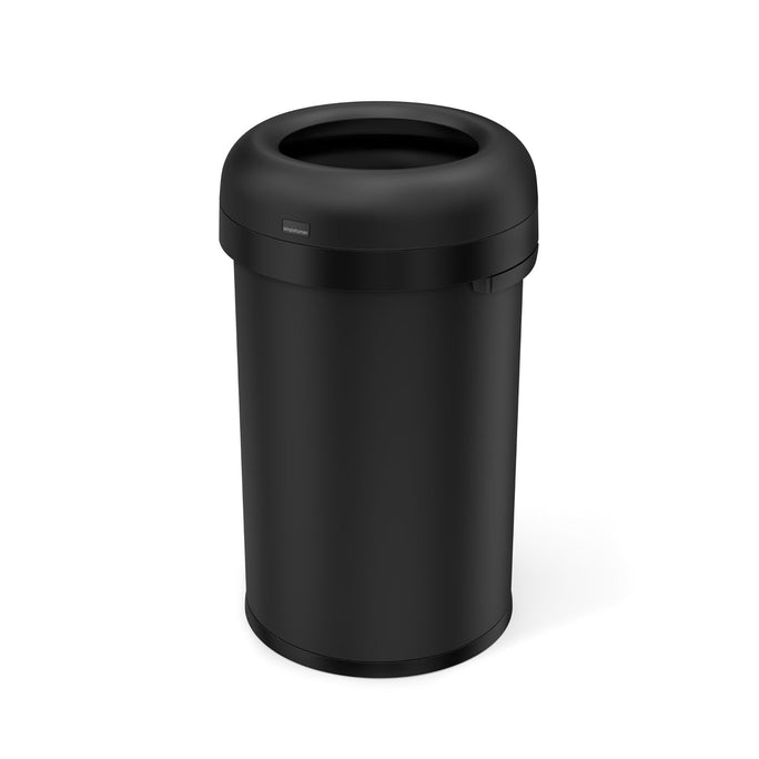 Angled view of Simplehuman 80L Bullet Open Can in Matte Black, hands-free operation for high traffic.