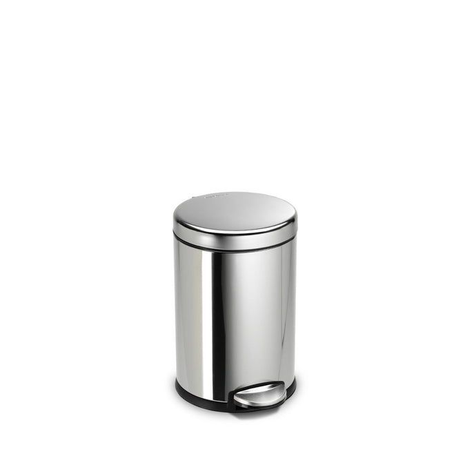 Angled view of Simplehuman 4.5L Round Step Can in Polished Stainless Steel, small size, hands-free pedal.