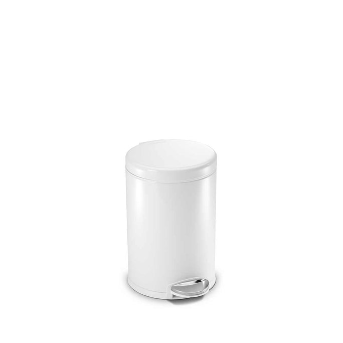 Angled view of Simplehuman 4.5L Round Step Can in White, hands-free pedal operation.