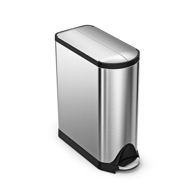Simplehuman Brushed Stainless Steel Butterfly Step Can, slim profile, hands-free operation.