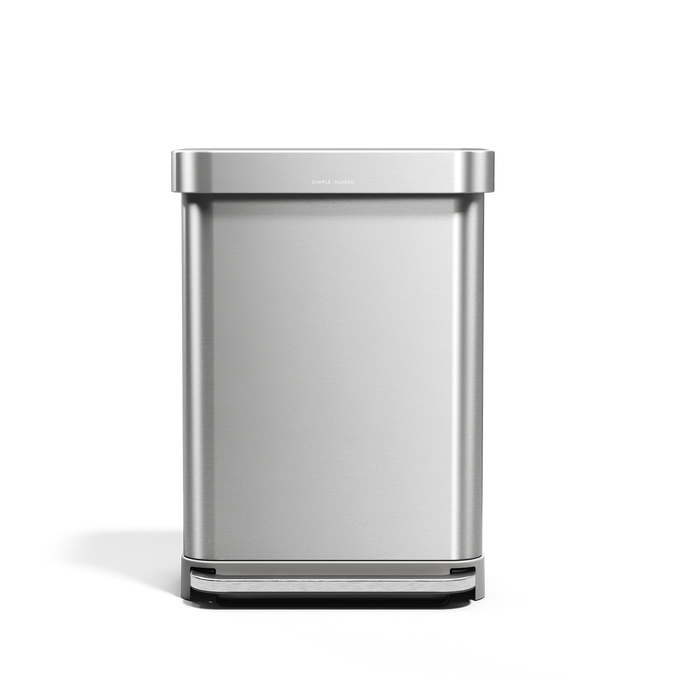 Simplehuman Brushed Stainless Steel Rectangular Step Can, straight-on view, hands-free operation.