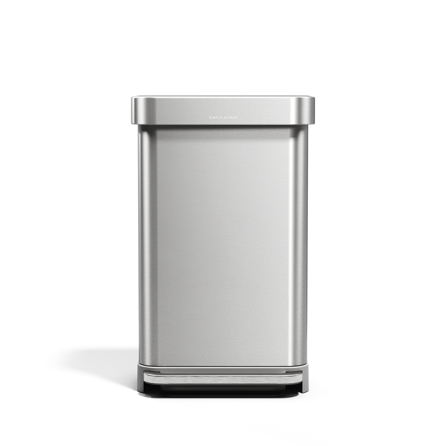 Simplehuman Rectangular Step Can, Brushed Stainless Steel, front view showing hands-free foot pedal.