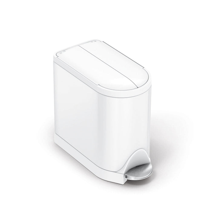 Front angled view of Simplehuman White 10L Butterfly Step Can, hands-free pedal, space-saving split lid.