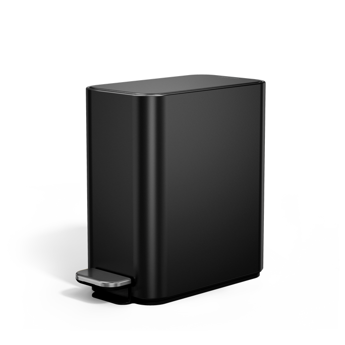 Angled view of Simplehuman 5L Slim Step Can in Matte Black, hands-free operation