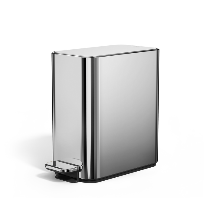 Simplehuman 5L Slim Step Can in Polished Stainless Steel, angled view, hands-free operation and slim design.