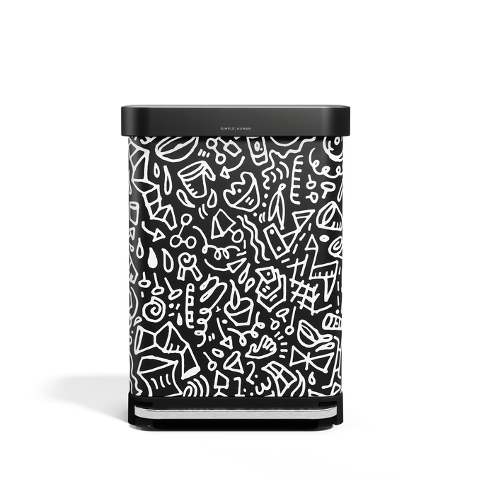 Simplehuman 55L Rectangular Step Can, black with white doodle graphic print, hands-free pedal, and liner pocket.