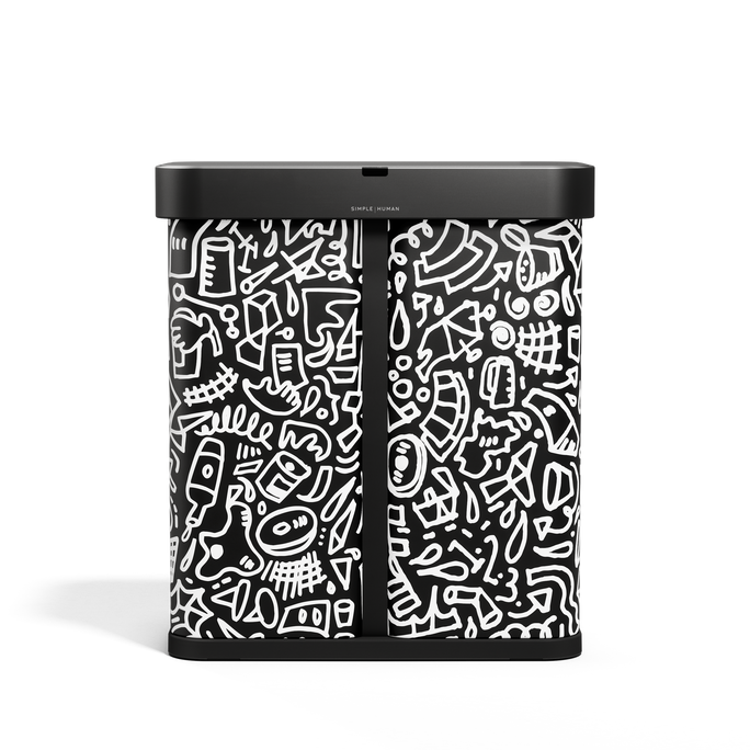 Simplehuman 58L Sensor Recycler, Doodle Art finish, touch-free dual bin for recycling.