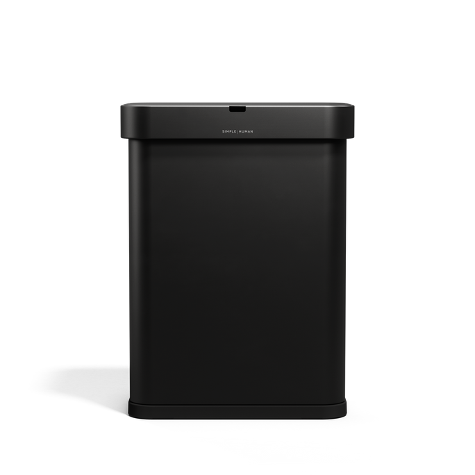 Frontal view of Simplehuman 58L Rectangular Sensor Can in Matte Black, touch-free operation.