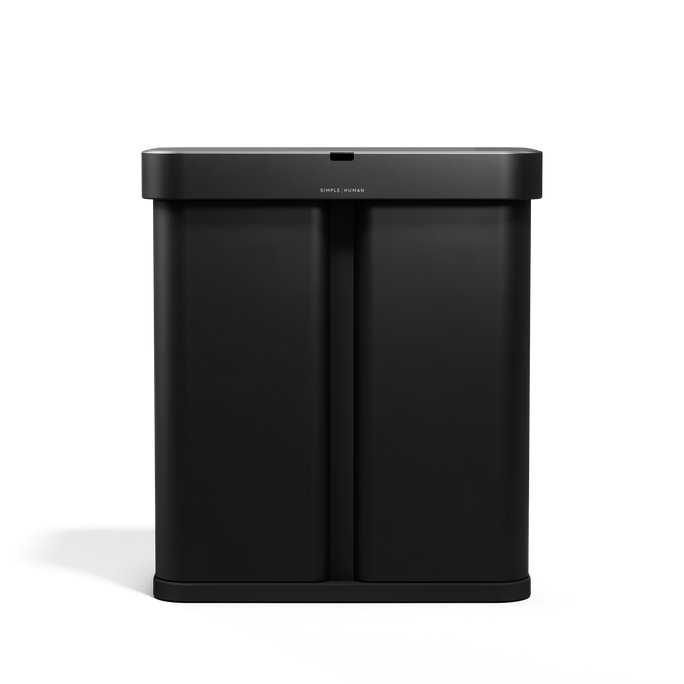 Front view, Simplehuman 58L Sensor Recycler in Matte Black, touch-free dual bin for trash and recycling.