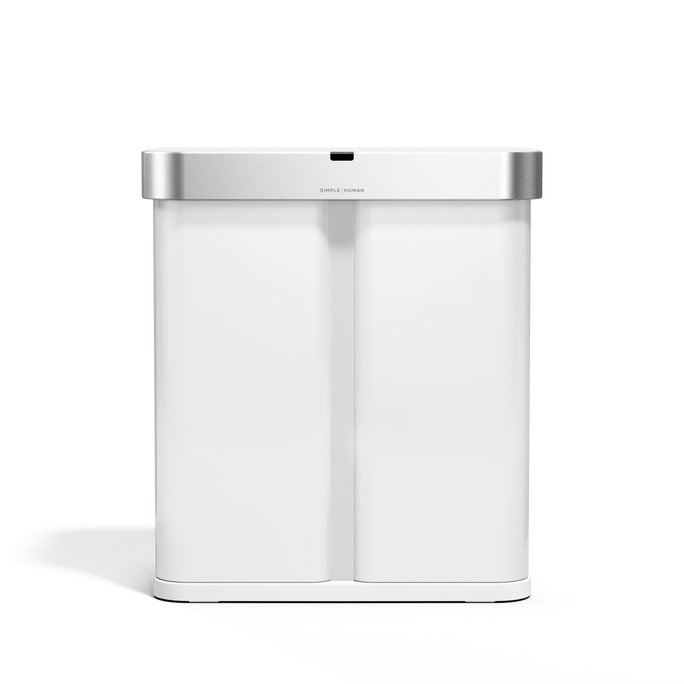 Front view, Simplehuman 58L Sensor Recycler in White/Brushed Stainless Steel, touch-free dual bin system.