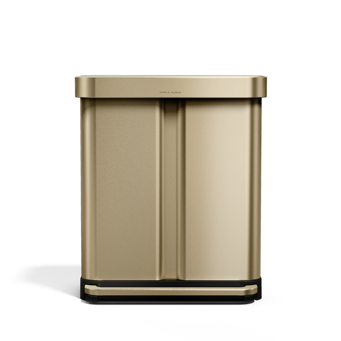 Simplehuman 58L Step Recycler in Brass, dual compartment for trash and recycling, hands-free step pedal.