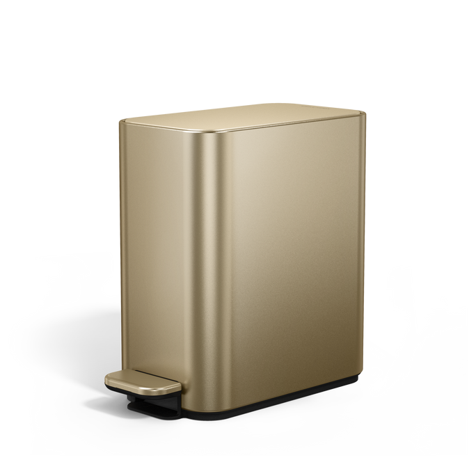 Simplehuman 5L Slim Step Can in Brass, space-saving slim profile, hands-free foot pedal.