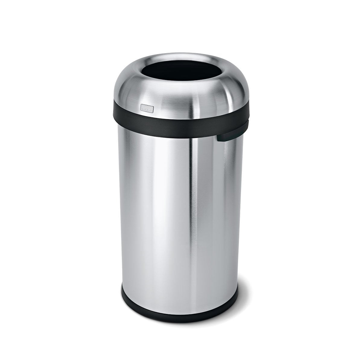 Front view of Simplehuman Brushed Stainless Steel Bullet Open Can, high-capacity, hands-free waste disposal.