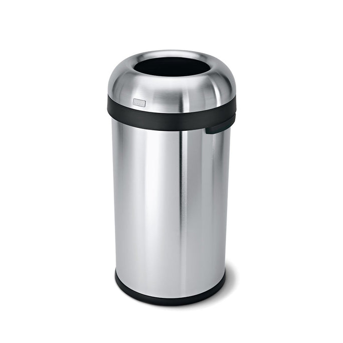 Front view of Simplehuman Brushed Stainless Steel Bullet Open Can, high-capacity, hands-free waste disposal.