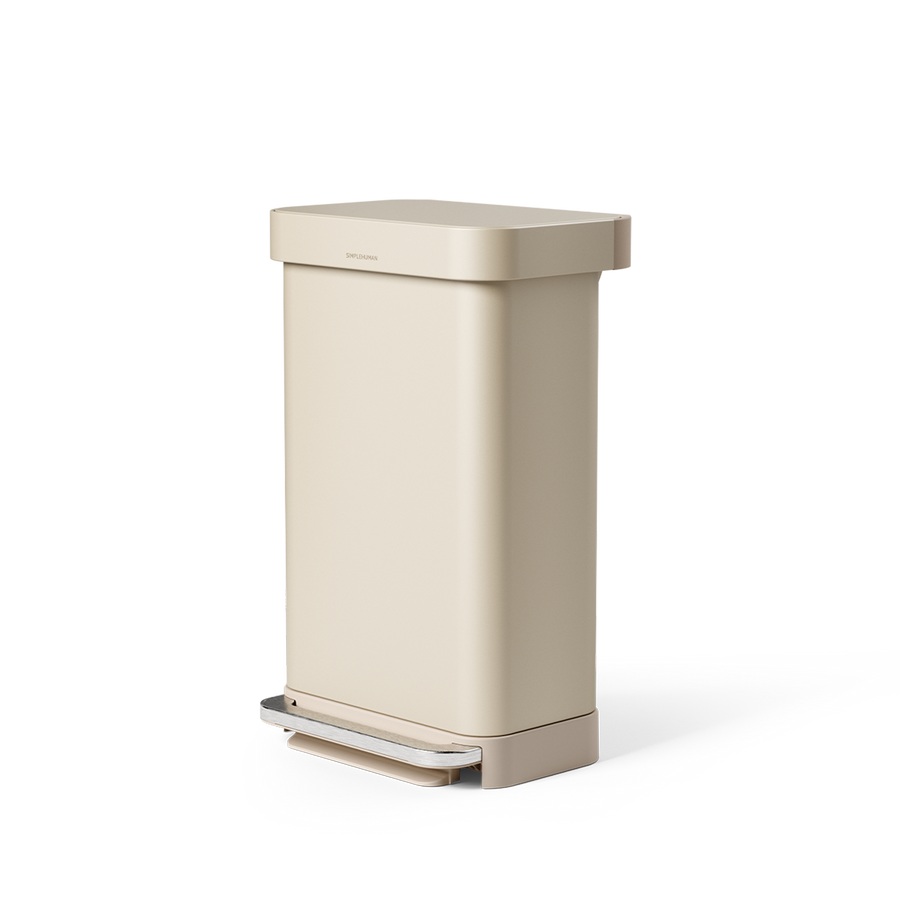 Simplehuman's 45L Step Can in latte from a side angled view. 