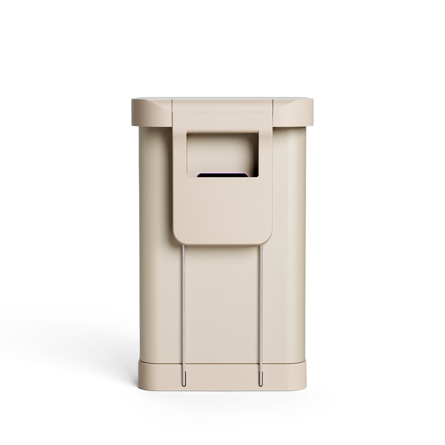 Simplehuman's 45L Step Can in Latte . Showcasing the back part of the can that holds extra packs of liners. 