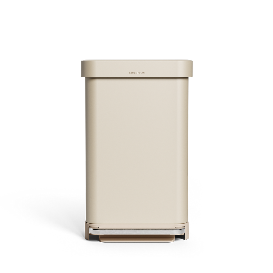 Simplehuman's 45L Step Can in Latte from a front-view. 