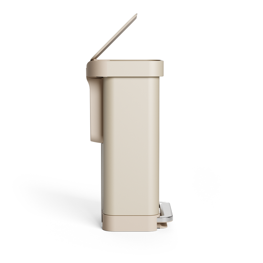 Simplehuman's 45L Step Can in latte from a side angle. 