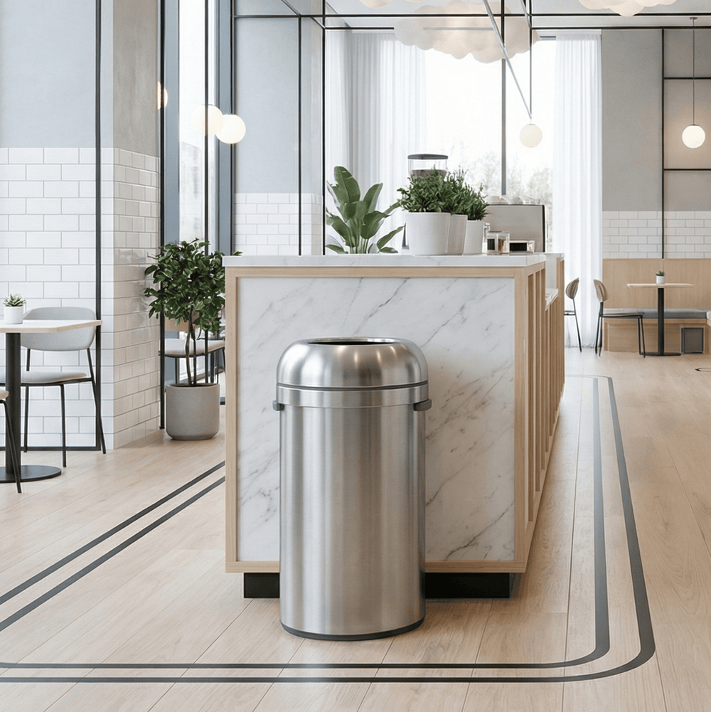 Simplehuman's 60L Bullet Open Can in a modern cafe setting. The lighting is bright with lighter colored furniture and appliances and a clean environment.