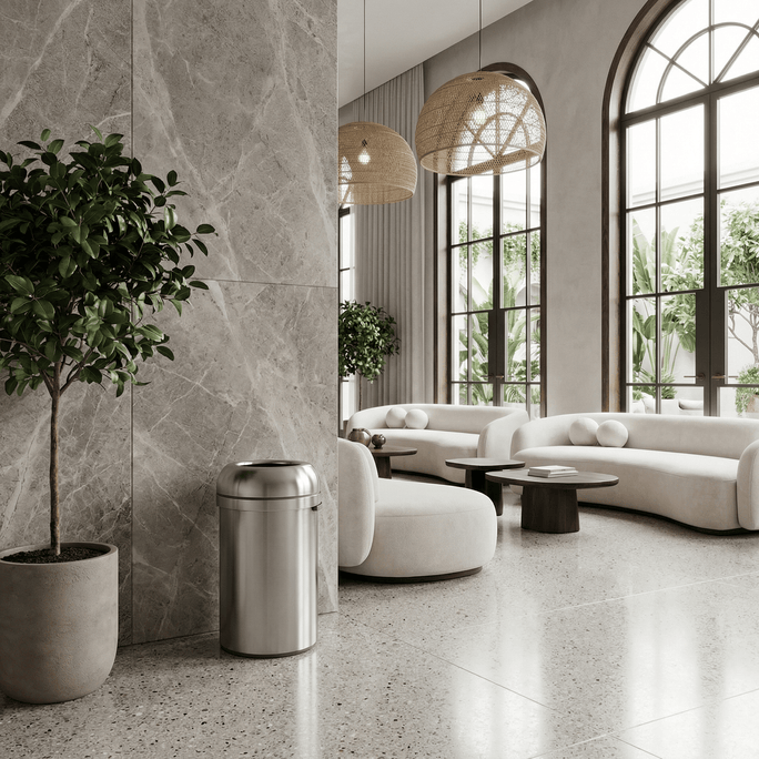 Simplehuman's 80L All-Steel Bullet Open Can in Brushed in a modern lobby setting with greenery, large plants, floor to ceiling windows and white couches around wooden tables. 