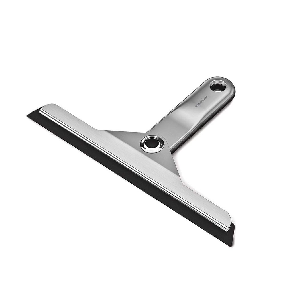 Angled view of Simplehuman Foldaway Squeegee, Brushed Stainless Steel, durable rubber blade, space-saving design.