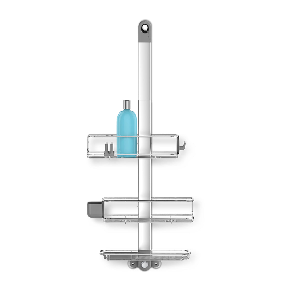 Simplehuman Hanging Shower Caddy, Polished Stainless Steel, with adjustable shelves for large bottles and stabilizing suction cups.