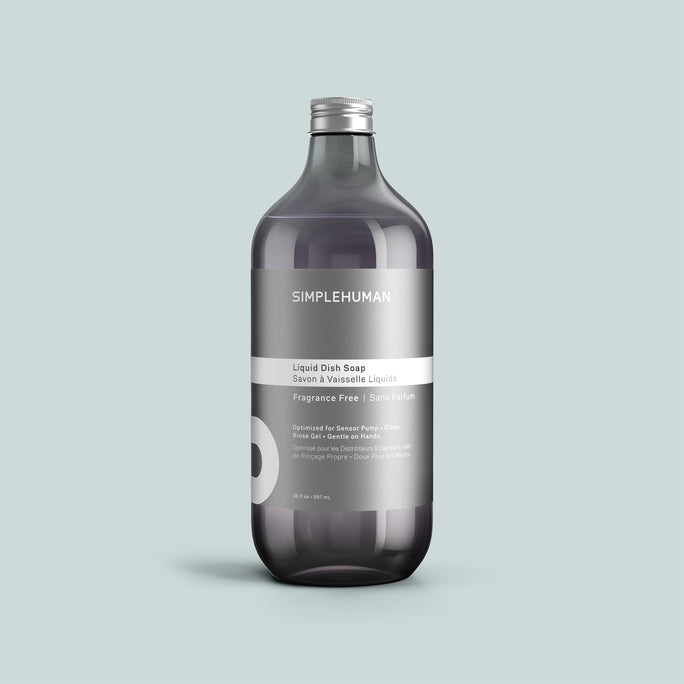 Simplehuman's Fragrance Free Liquid Dish Soap Refill Bottle on a colored background.