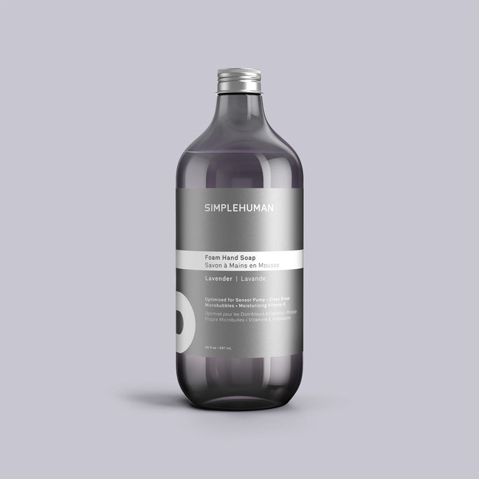 Simplehuman's Lavender Foam Hand Soap Refill Bottle on a colored background.