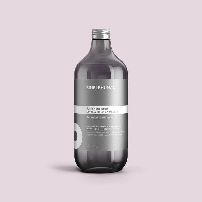 Simplehuman's Geranium Foam Hand Soap Refill Bottle on a colored background.