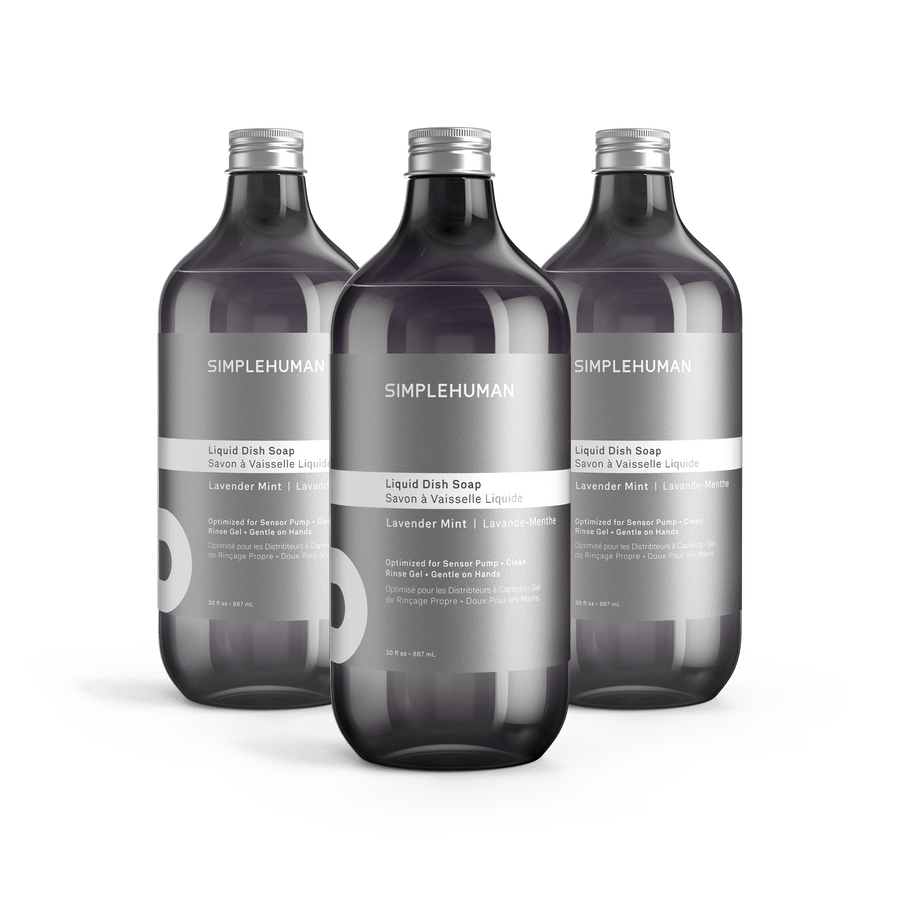 Simplehuman's Lavender Mint Liquid Dish Soap in 3 charcoal colored bottles and titanium caps.