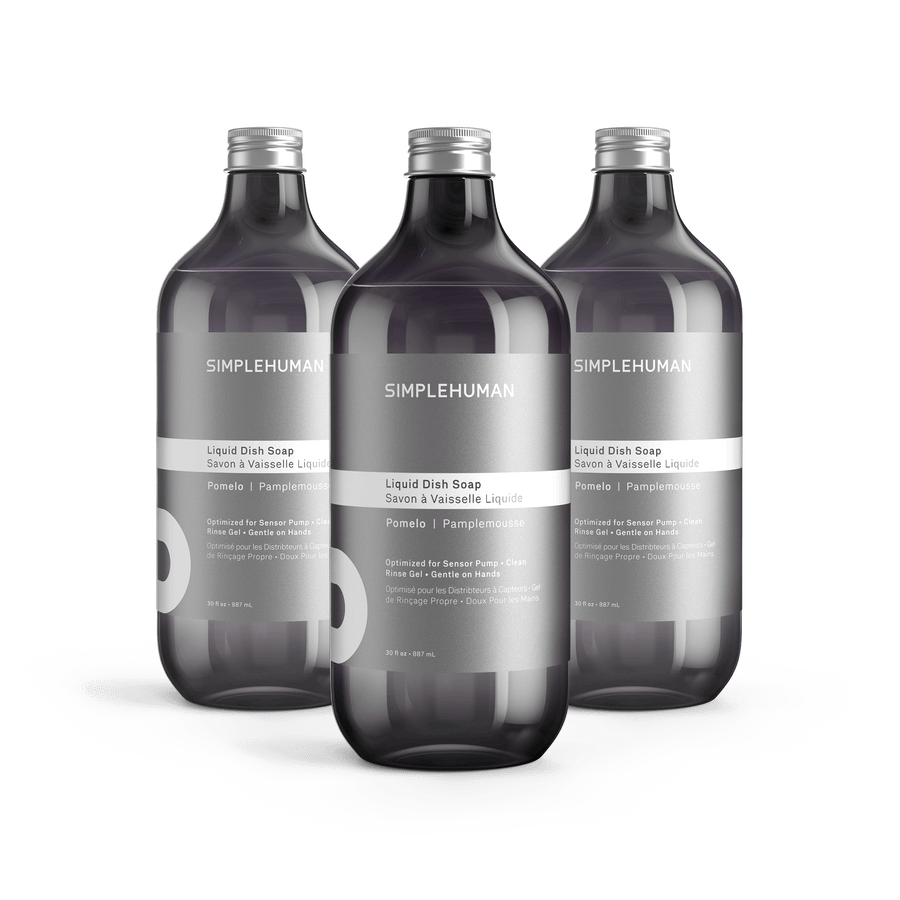 Simplehuman's Pomelo Liquid Dish Soap in 3 charcoal colored bottles and titanium caps.