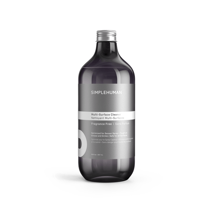 Simplehuman's Fragrance Free Multi-Surface Cleaner in a charcoal colored bottle and titanium cap.