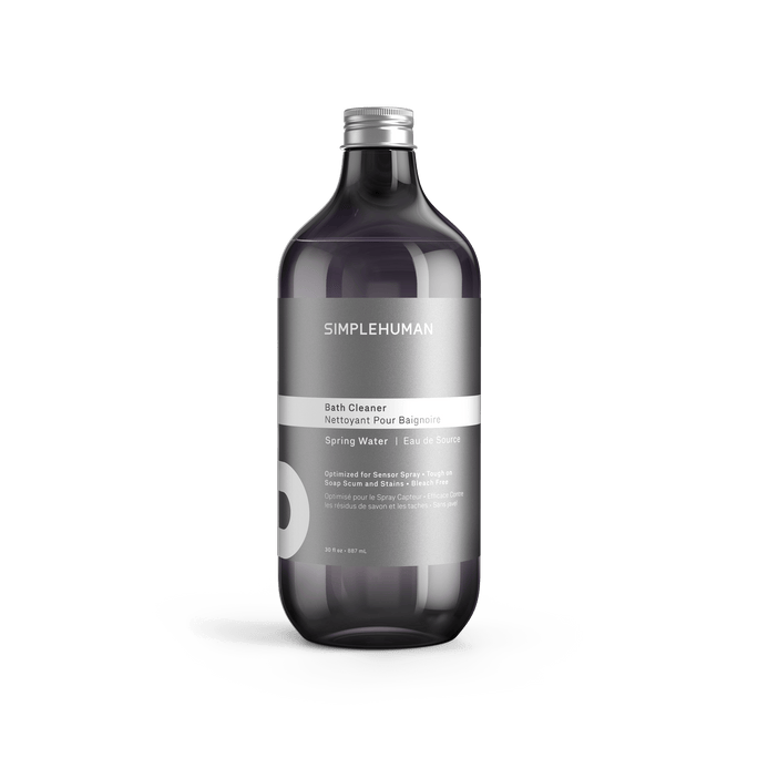 Simplehuman's Spring Water Bath Cleaner in a charcoal colored bottle and titanium cap.