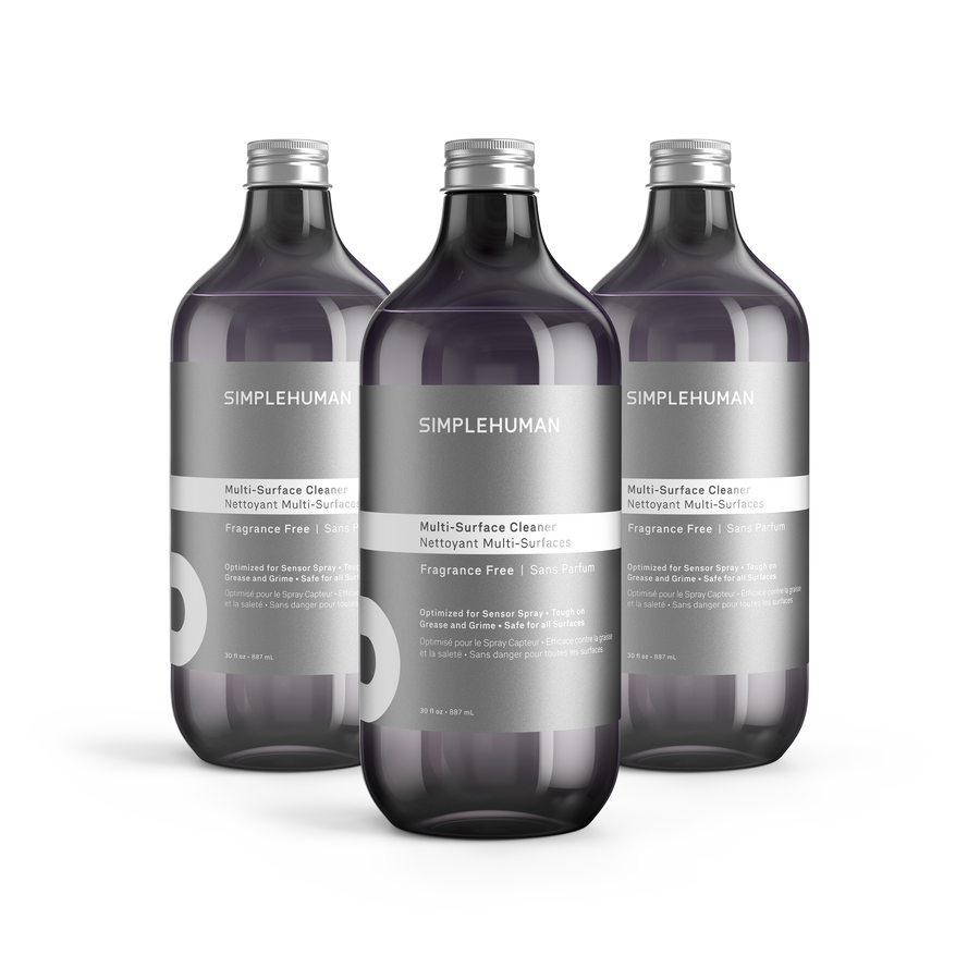 Simplehuman's Fragrance Free Multi-Surface Cleaner in 3 charcoal colored bottles and titanium caps.