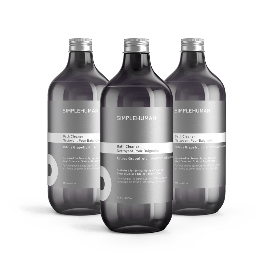 Simplehuman's Citrus Grapefruit Bath Cleaner in 3 charcoal colored bottles and titanium caps.