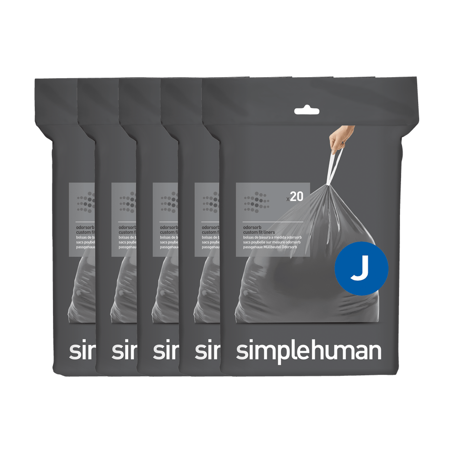 Simplehuman Odorsorb Custom Fit Liners Code J, multi-pack, with easy drawstring closure.