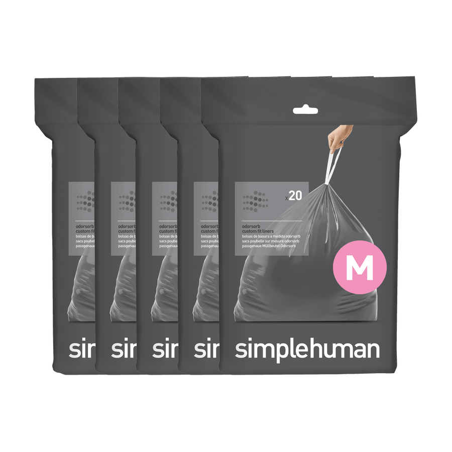 Simplehuman Code M Custom Fit Odorsorb Liners (5 packs shown), 20 dark gray liners per pack, drawstring closure.