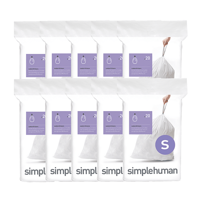 Simplehuman Code S custom fit trash bag 200-pack packaging. Showing 10 packs of 20 white liners.