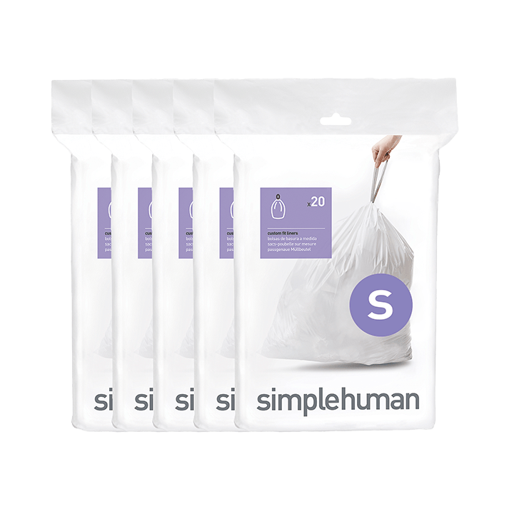 Simplehuman Code S custom fit trash bag 100-pack packaging. Showing 5 packs of 20 white liners.