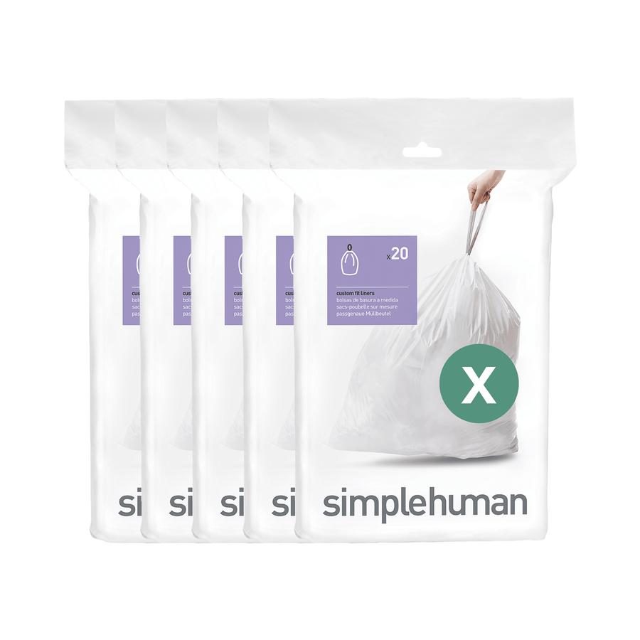 Simplehuman Code X Custom Fit Liners, 4 packs of 20 liners, thick plastic with drawstring tie handles.
