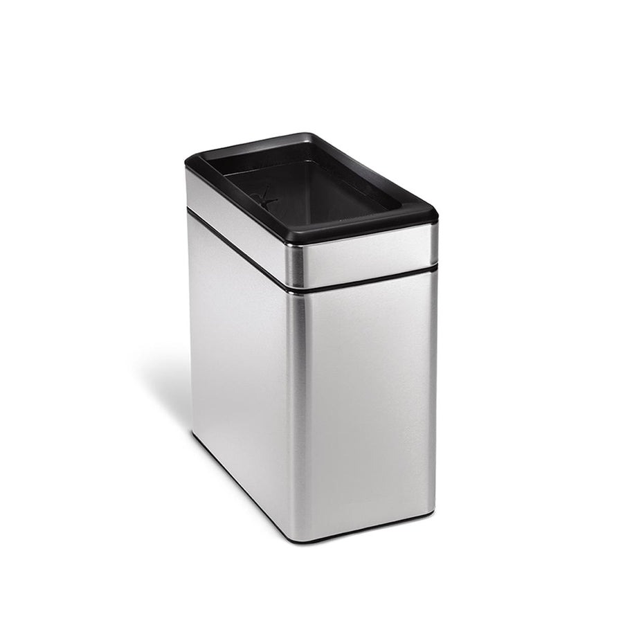 Angled view of Simplehuman 10L Slim Open Can, Brushed Stainless Steel, space-saving design with easy access open top.