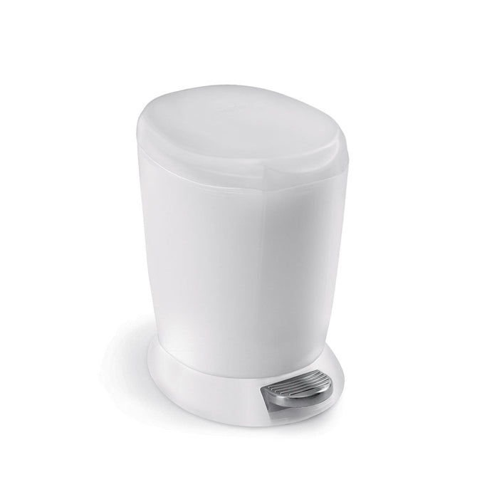 Angled view of the Simplehuman White 6L Round Plastic Step Can with metal foot pedal.